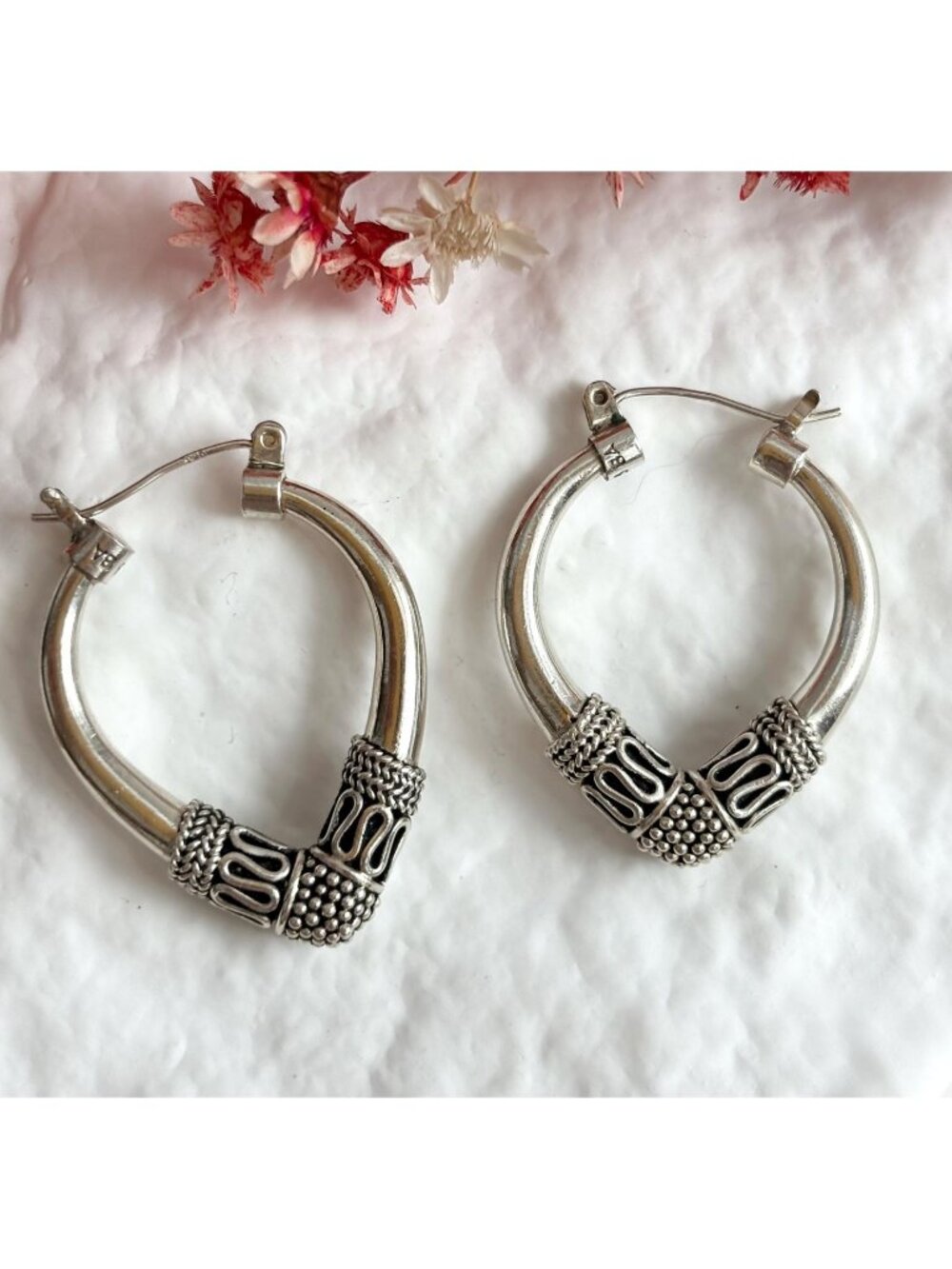 Balinese Insp Chunky Pointed Hoop Braided Vintage Sterling Silver 925 Earrings